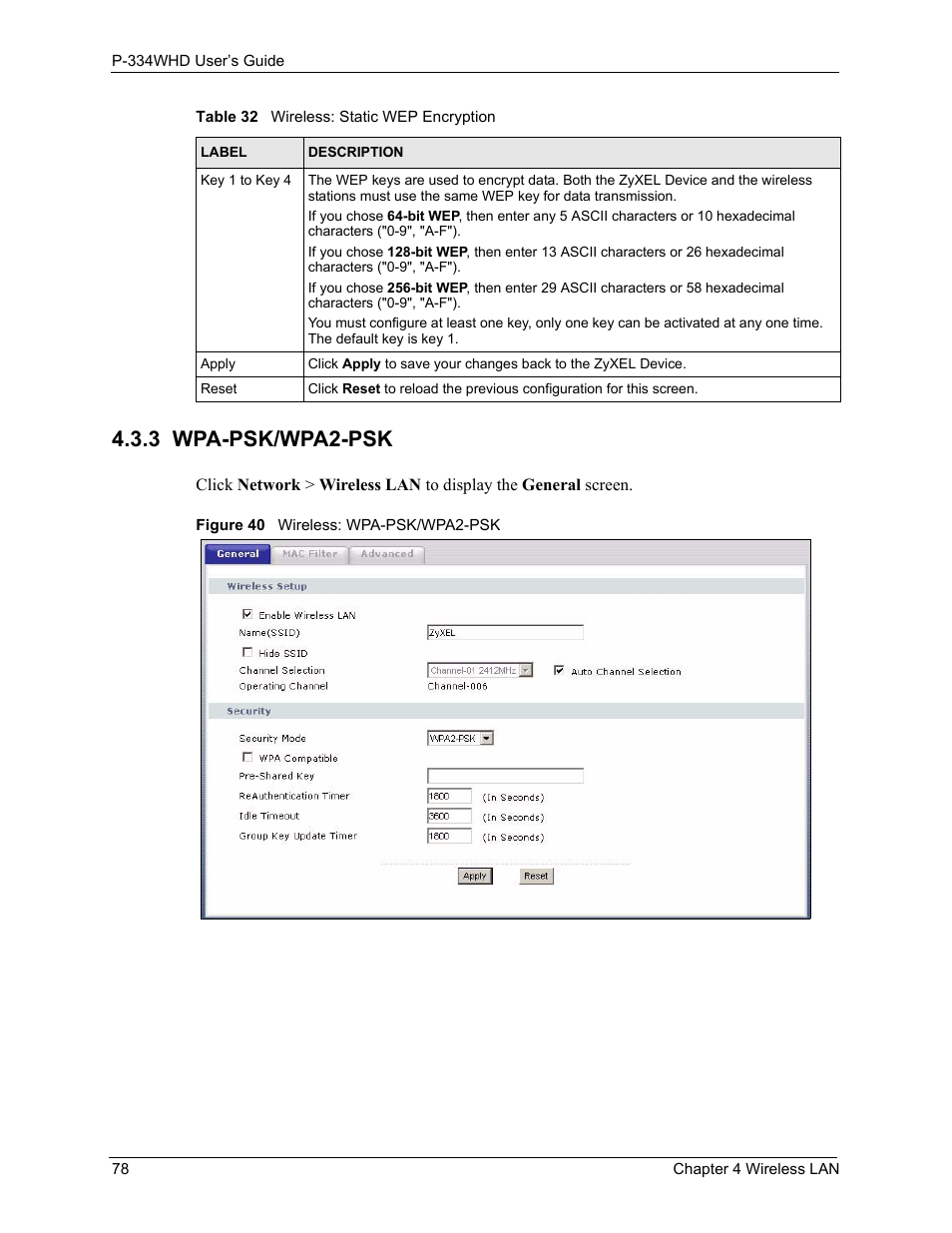 3 wpa-psk/wpa2-psk, Figure 40 wireless: wpa-psk/wpa2-psk | ZyXEL Communications P-334WHD User Manual | Page 78 / 300