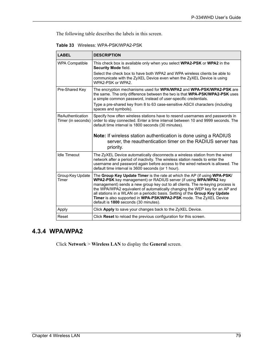 4 wpa/wpa2, Table 33 wireless: wpa-psk/wpa2-psk | ZyXEL Communications P-334WHD User Manual | Page 79 / 300