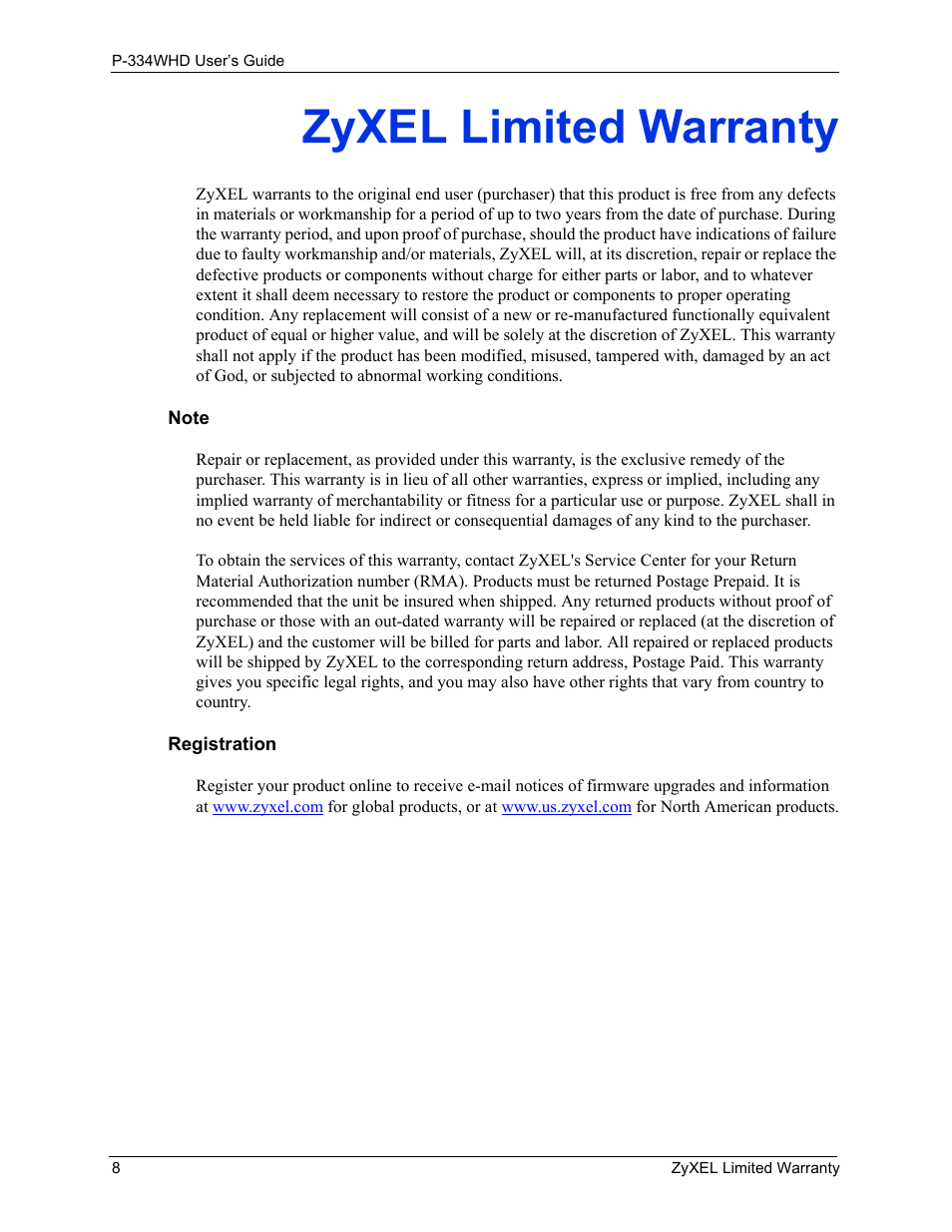 Zyxel limited warranty | ZyXEL Communications P-334WHD User Manual | Page 8 / 300