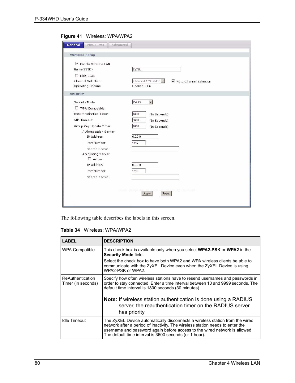 Figure 41 wireless: wpa/wpa2, Table 34 wireless: wpa/wpa2 | ZyXEL Communications P-334WHD User Manual | Page 80 / 300