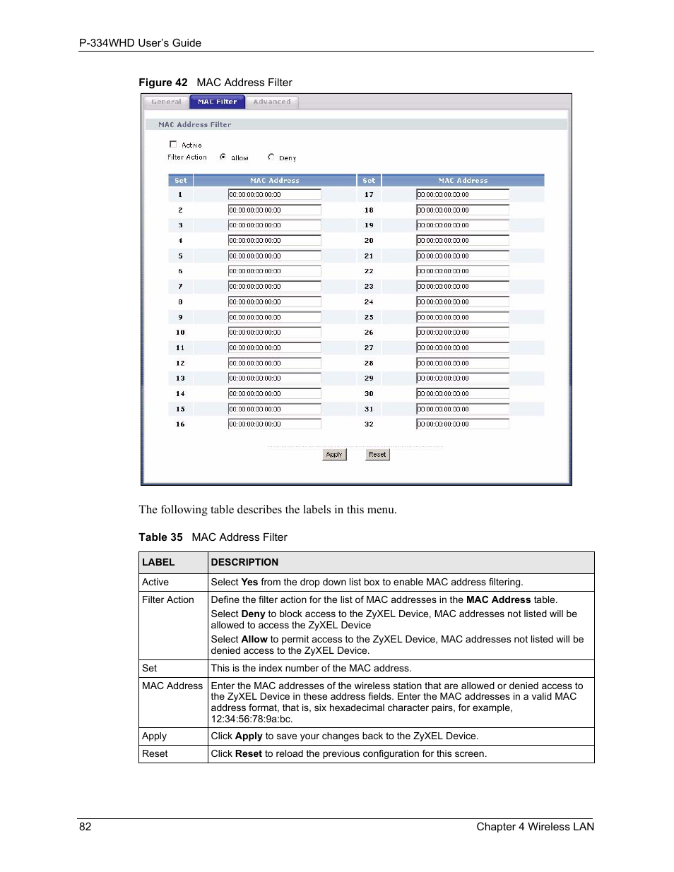 Figure 42 mac address filter, Table 35 mac address filter | ZyXEL Communications P-334WHD User Manual | Page 82 / 300