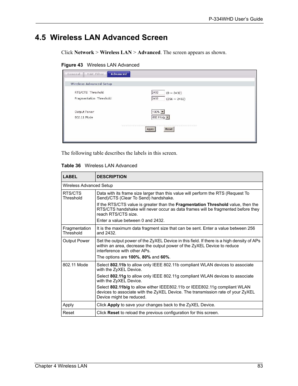 5 wireless lan advanced screen, Figure 43 wireless lan advanced, Table 36 wireless lan advanced | ZyXEL Communications P-334WHD User Manual | Page 83 / 300