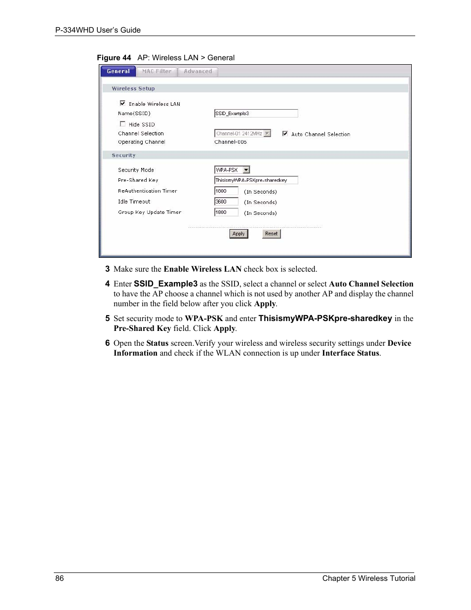 Figure 44 ap: wireless lan > general | ZyXEL Communications P-334WHD User Manual | Page 86 / 300