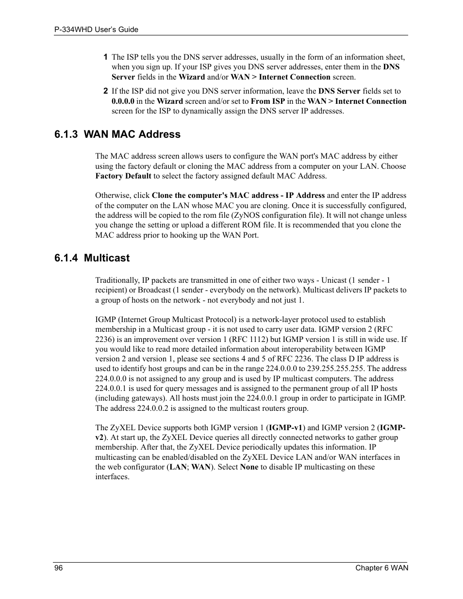 3 wan mac address, 4 multicast, 3 wan mac address 6.1.4 multicast | ZyXEL Communications P-334WHD User Manual | Page 96 / 300