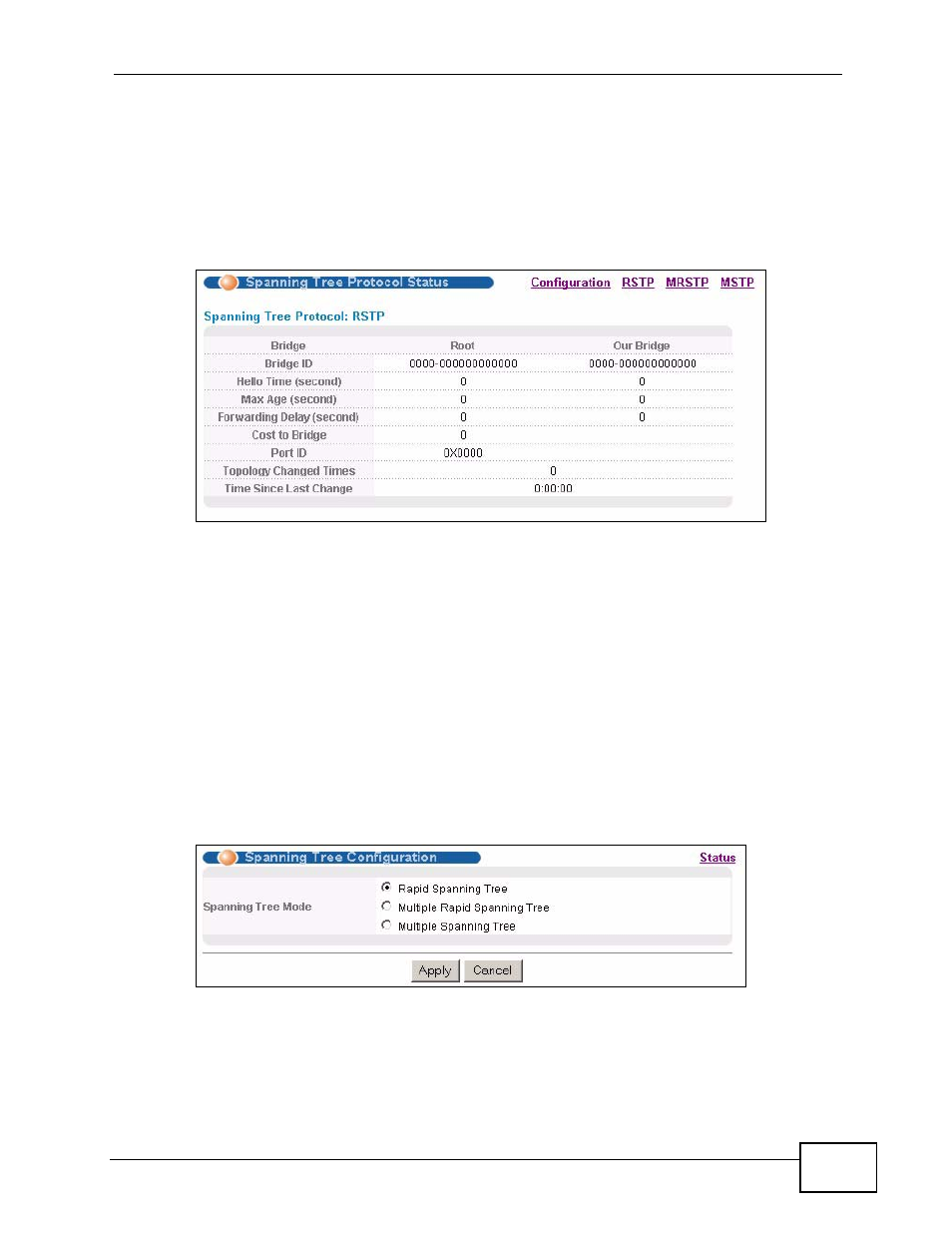 2 spanning tree protocol status screen, 3 spanning tree configuration | ZyXEL Communications XGS-4728F User Manual | Page 131 / 426