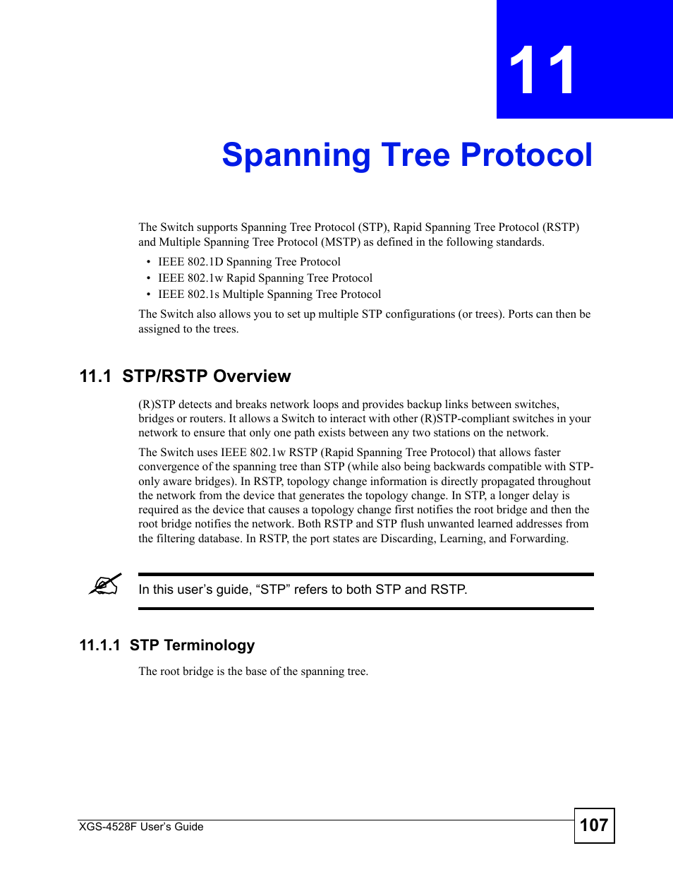 Spanning tree protocol, 1 stp/rstp overview, 1 stp terminology | Chapter 11 spanning tree protocol, Spanning tree protocol (107) | ZyXEL Communications XGS-4528F User Manual | Page 107 / 372