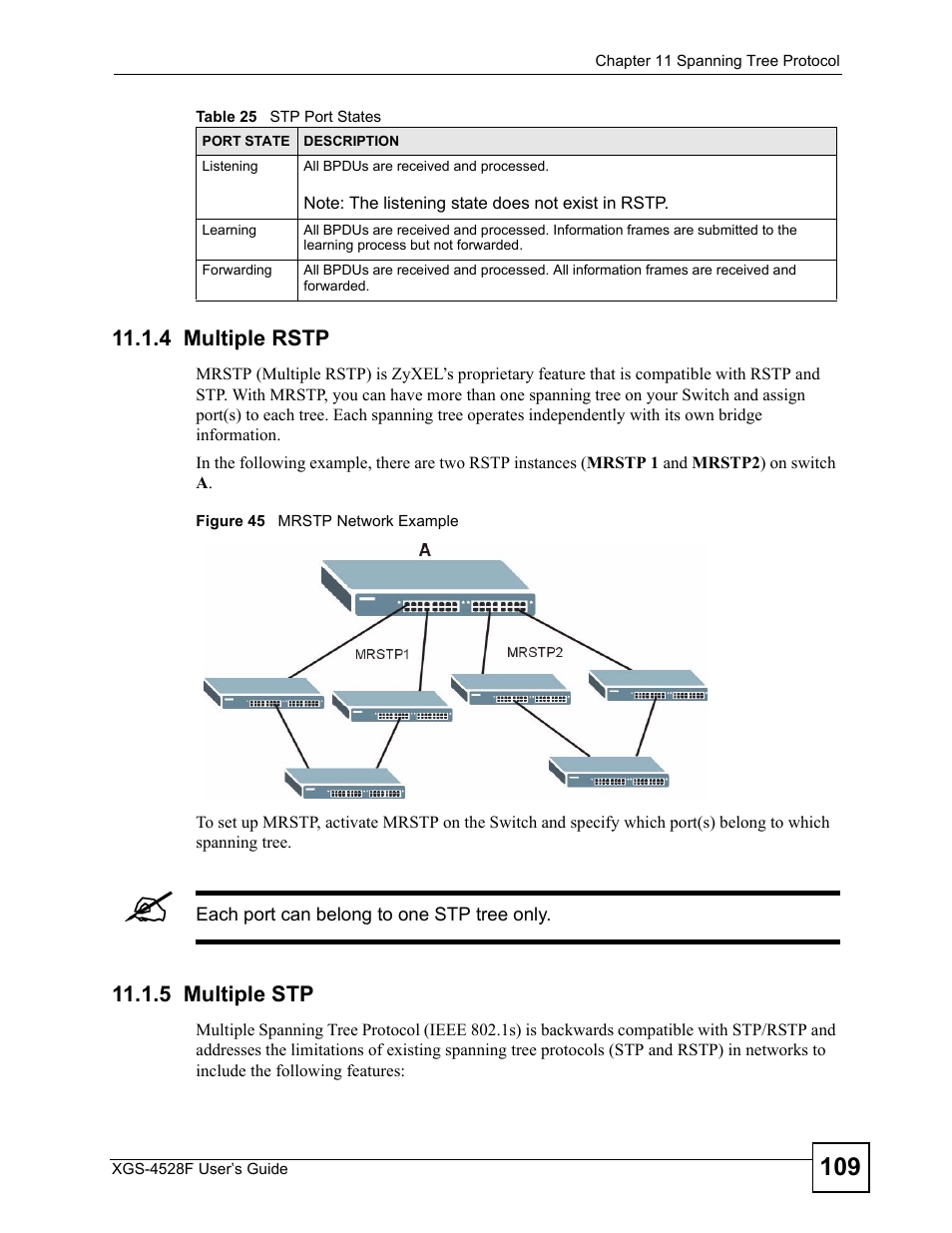 4 multiple rstp, 5 multiple stp, 4 multiple rstp 11.1.5 multiple stp | Figure 45 mrstp network example | ZyXEL Communications XGS-4528F User Manual | Page 109 / 372