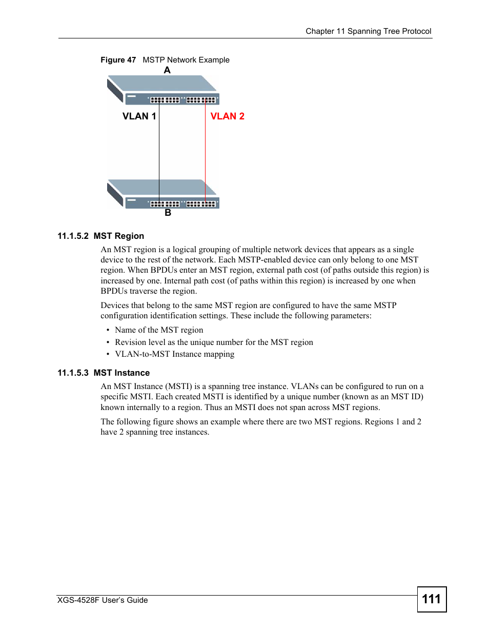 Figure 47 mstp network example | ZyXEL Communications XGS-4528F User Manual | Page 111 / 372