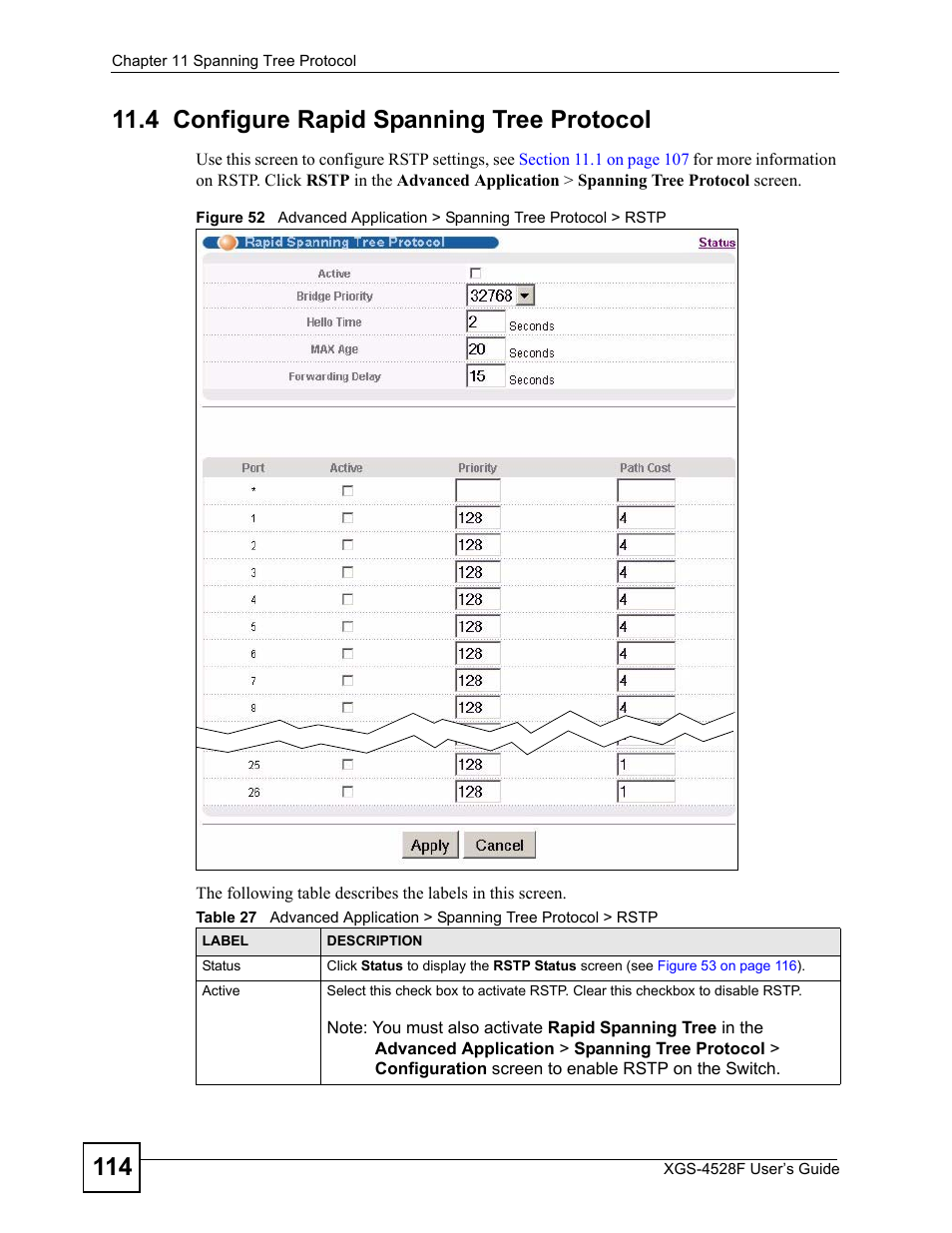 4 configure rapid spanning tree protocol | ZyXEL Communications XGS-4528F User Manual | Page 114 / 372