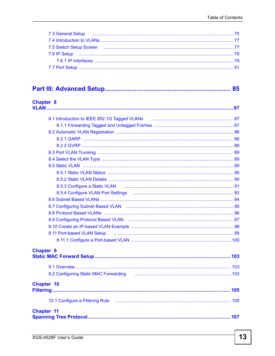 Part iii: advanced setup | ZyXEL Communications XGS-4528F User Manual | Page 13 / 372