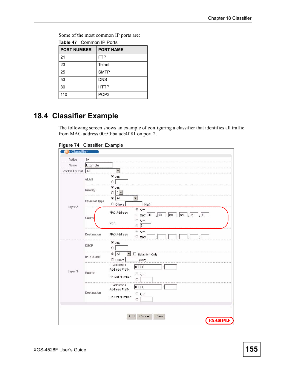4 classifier example, Figure 74 classifier: example, Table 47 common ip ports | ZyXEL Communications XGS-4528F User Manual | Page 155 / 372