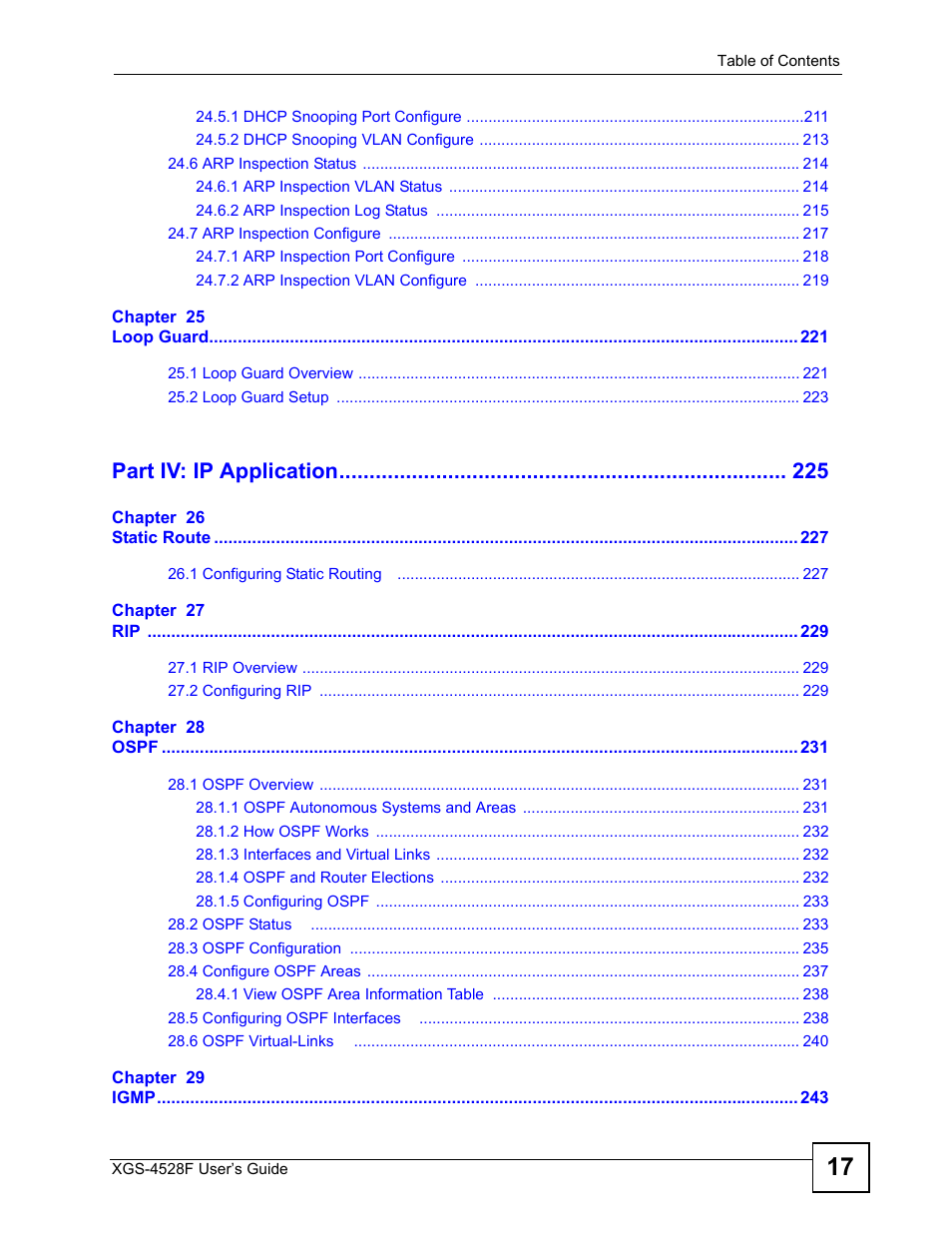 Part iv: ip application | ZyXEL Communications XGS-4528F User Manual | Page 17 / 372