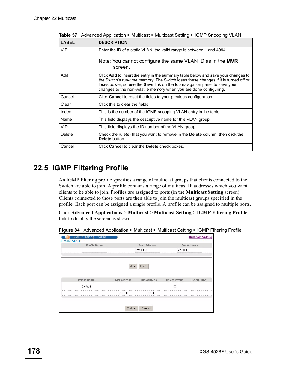 5 igmp filtering profile | ZyXEL Communications XGS-4528F User Manual | Page 178 / 372