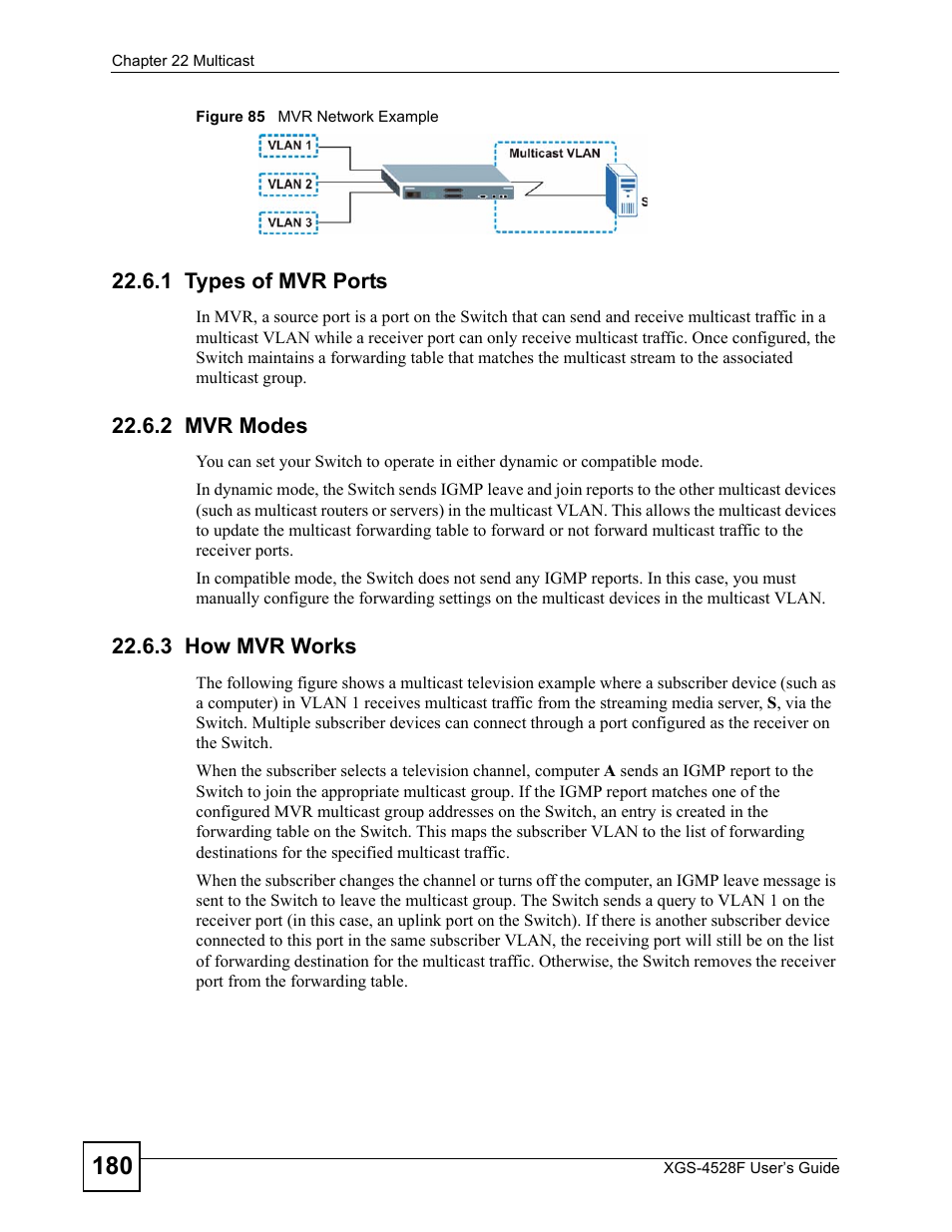1 types of mvr ports, 2 mvr modes, 3 how mvr works | Figure 85 mvr network example | ZyXEL Communications XGS-4528F User Manual | Page 180 / 372