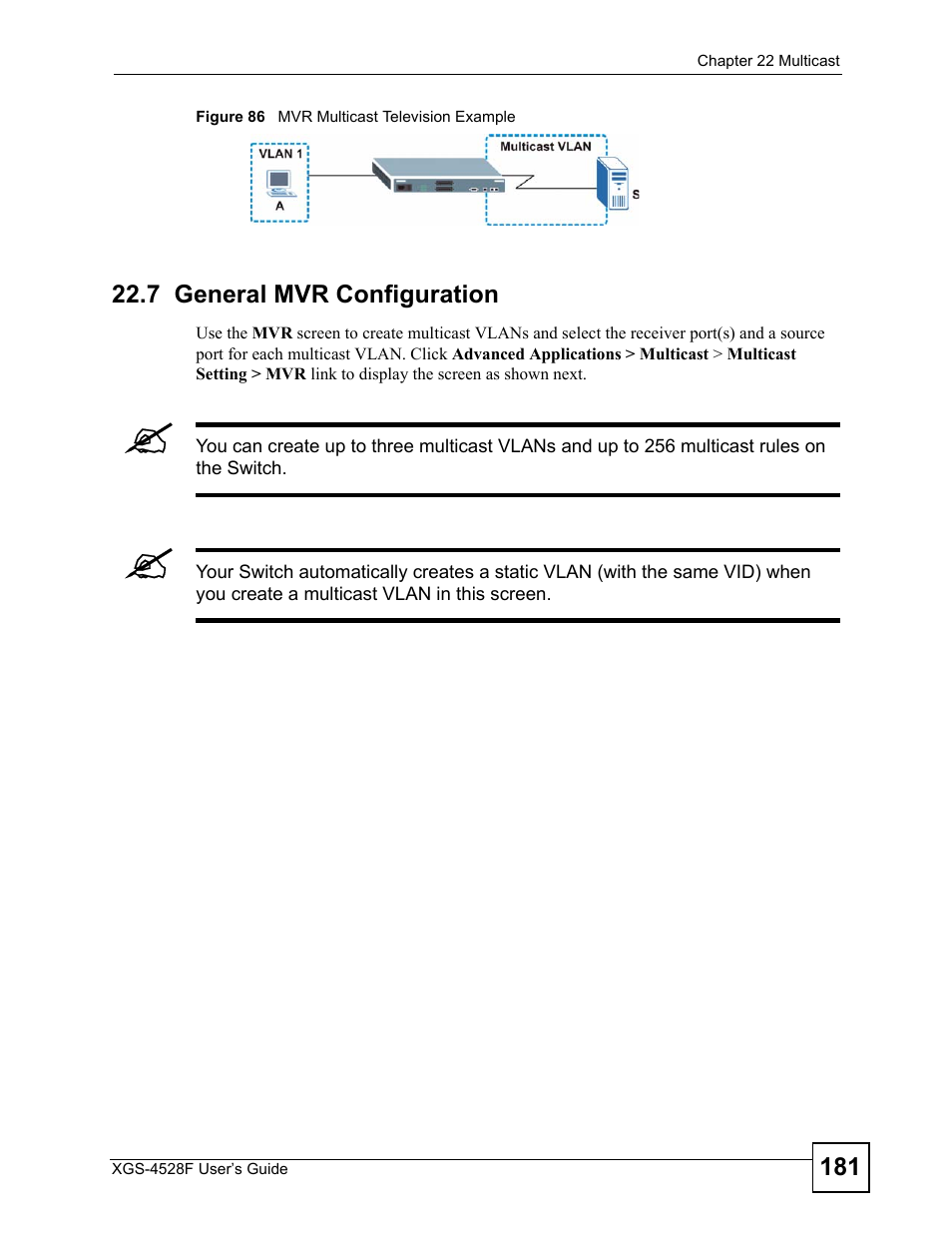 7 general mvr configuration, Figure 86 mvr multicast television example | ZyXEL Communications XGS-4528F User Manual | Page 181 / 372