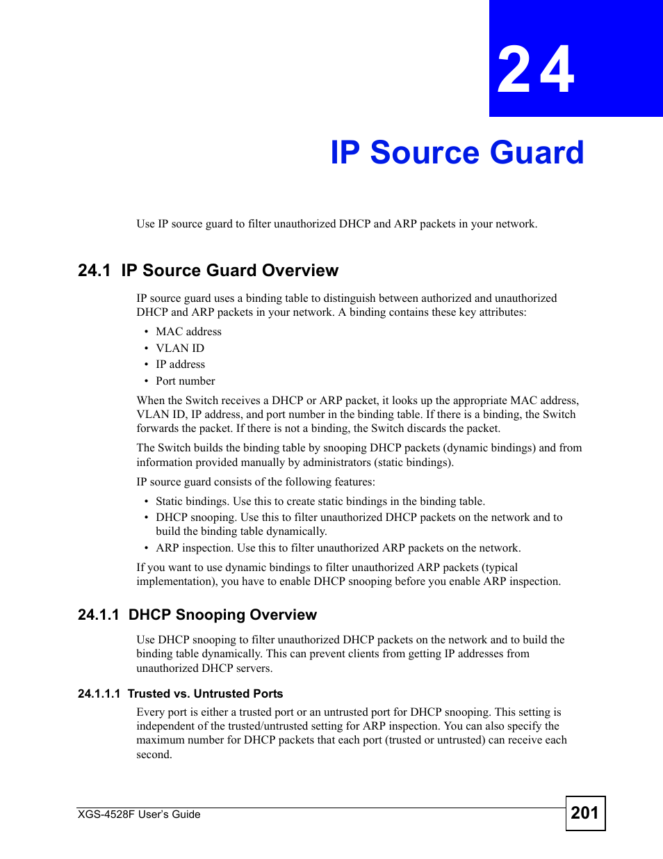 Ip source guard, 1 ip source guard overview, 1 dhcp snooping overview | Chapter 24 ip source guard, Ip source guard (201) | ZyXEL Communications XGS-4528F User Manual | Page 201 / 372