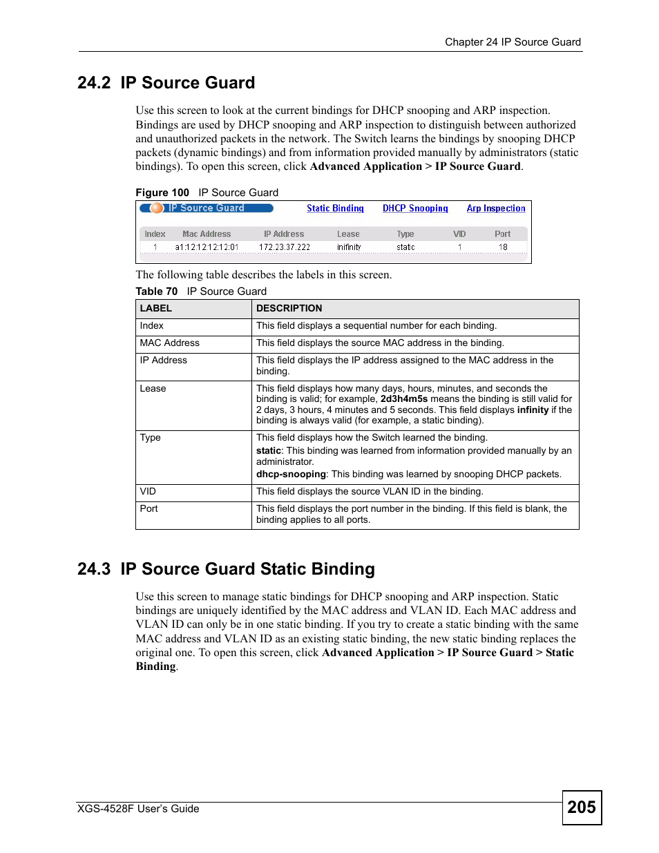 2 ip source guard, 3 ip source guard static binding, Figure 100 ip source guard | Table 70 ip source guard | ZyXEL Communications XGS-4528F User Manual | Page 205 / 372
