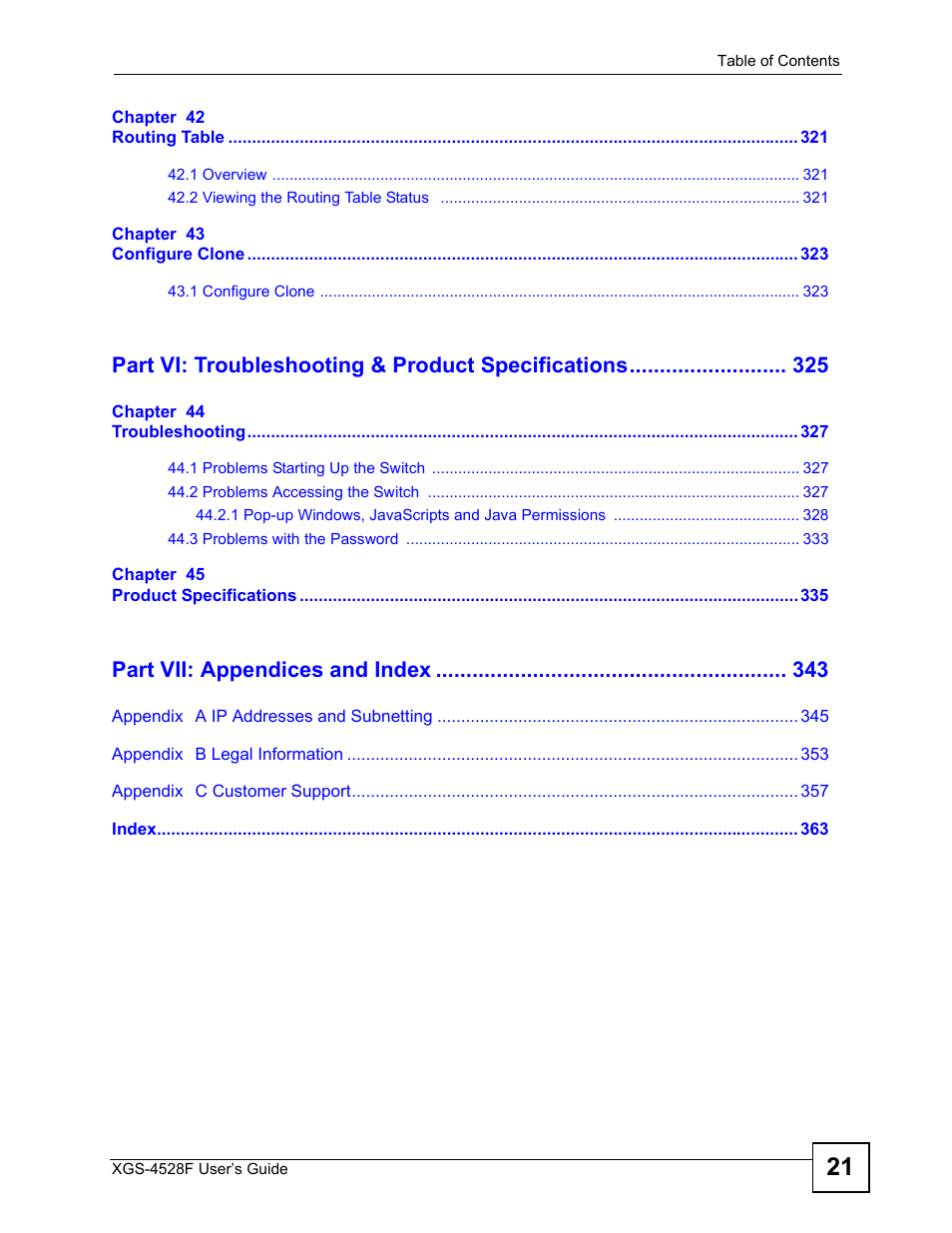 Part vi: troubleshooting & product specifications, Part vii: appendices and index | ZyXEL Communications XGS-4528F User Manual | Page 21 / 372