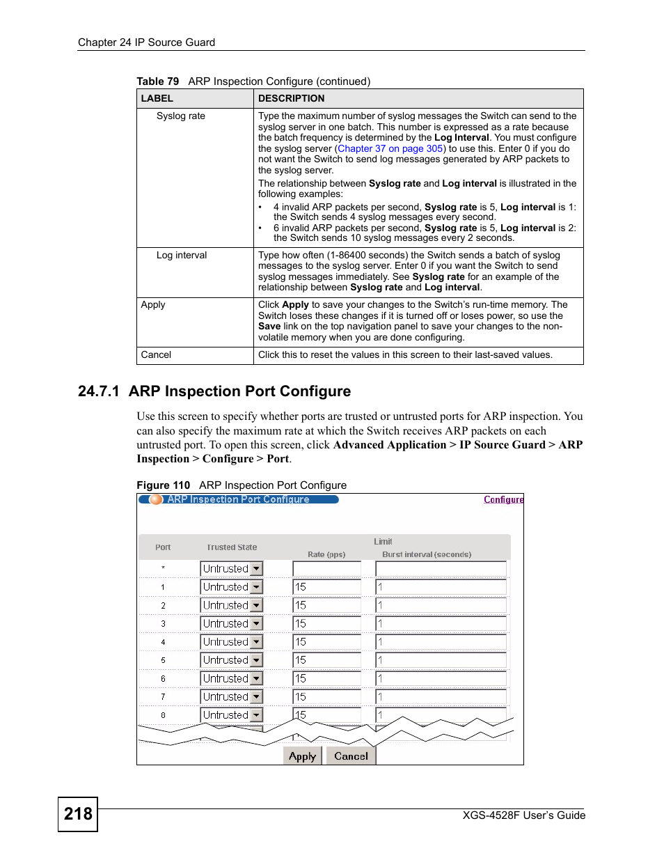 1 arp inspection port configure, Figure 110 arp inspection port configure | ZyXEL Communications XGS-4528F User Manual | Page 218 / 372