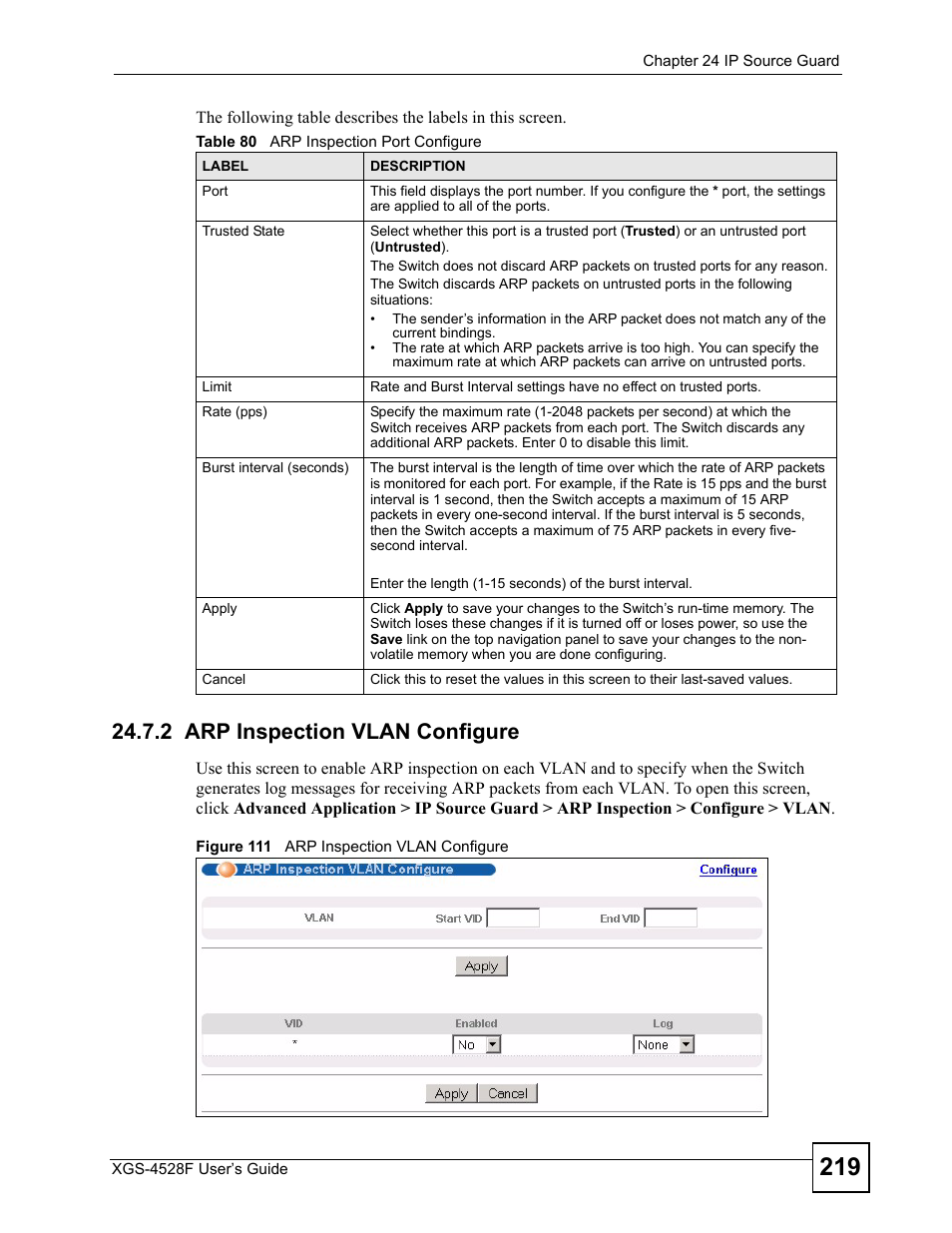 2 arp inspection vlan configure, Figure 111 arp inspection vlan configure, Table 80 arp inspection port configure | Section 24.7.2 | ZyXEL Communications XGS-4528F User Manual | Page 219 / 372