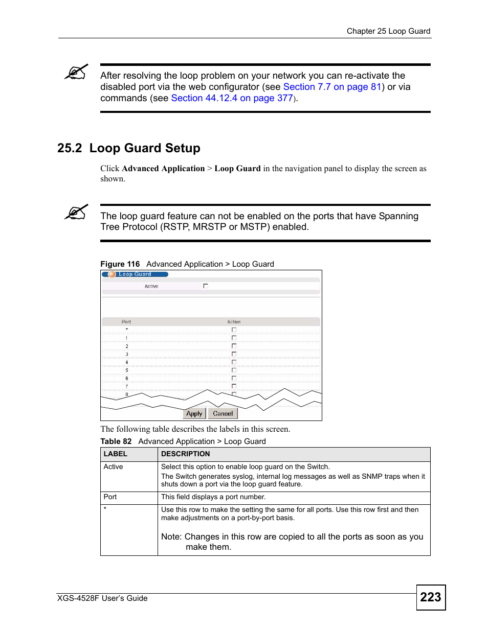 2 loop guard setup, Figure 116 advanced application > loop guard, Table 82 advanced application > loop guard | ZyXEL Communications XGS-4528F User Manual | Page 223 / 372