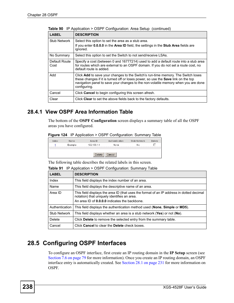 1 view ospf area information table, 5 configuring ospf interfaces | ZyXEL Communications XGS-4528F User Manual | Page 238 / 372