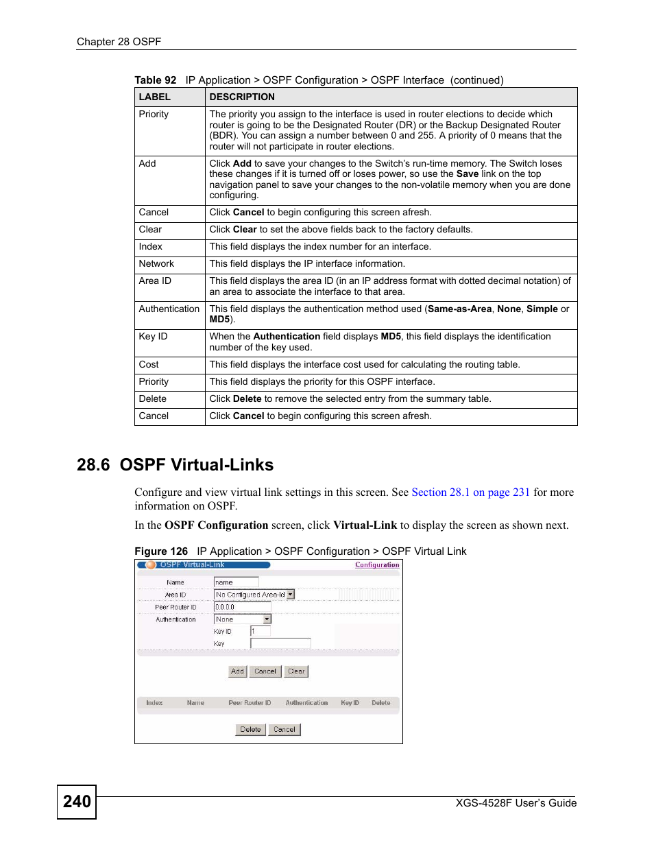 6 ospf virtual-links | ZyXEL Communications XGS-4528F User Manual | Page 240 / 372