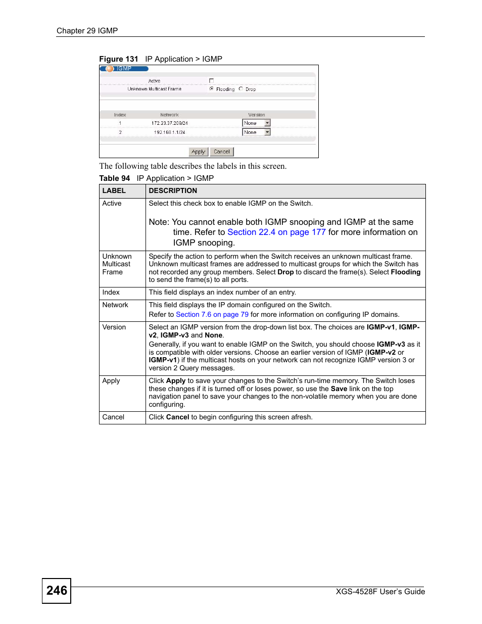 Figure 131 ip application > igmp, Table 94 ip application > igmp | ZyXEL Communications XGS-4528F User Manual | Page 246 / 372
