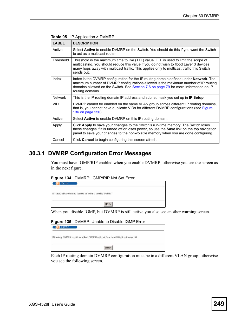 1 dvmrp configuration error messages, Table 95 ip application > dvmrp | ZyXEL Communications XGS-4528F User Manual | Page 249 / 372