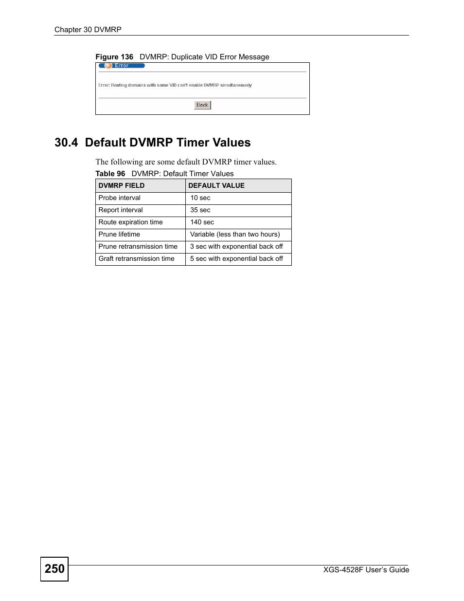 4 default dvmrp timer values, Figure 136 dvmrp: duplicate vid error message, Table 96 dvmrp: default timer values | Ons (see, Figure | ZyXEL Communications XGS-4528F User Manual | Page 250 / 372