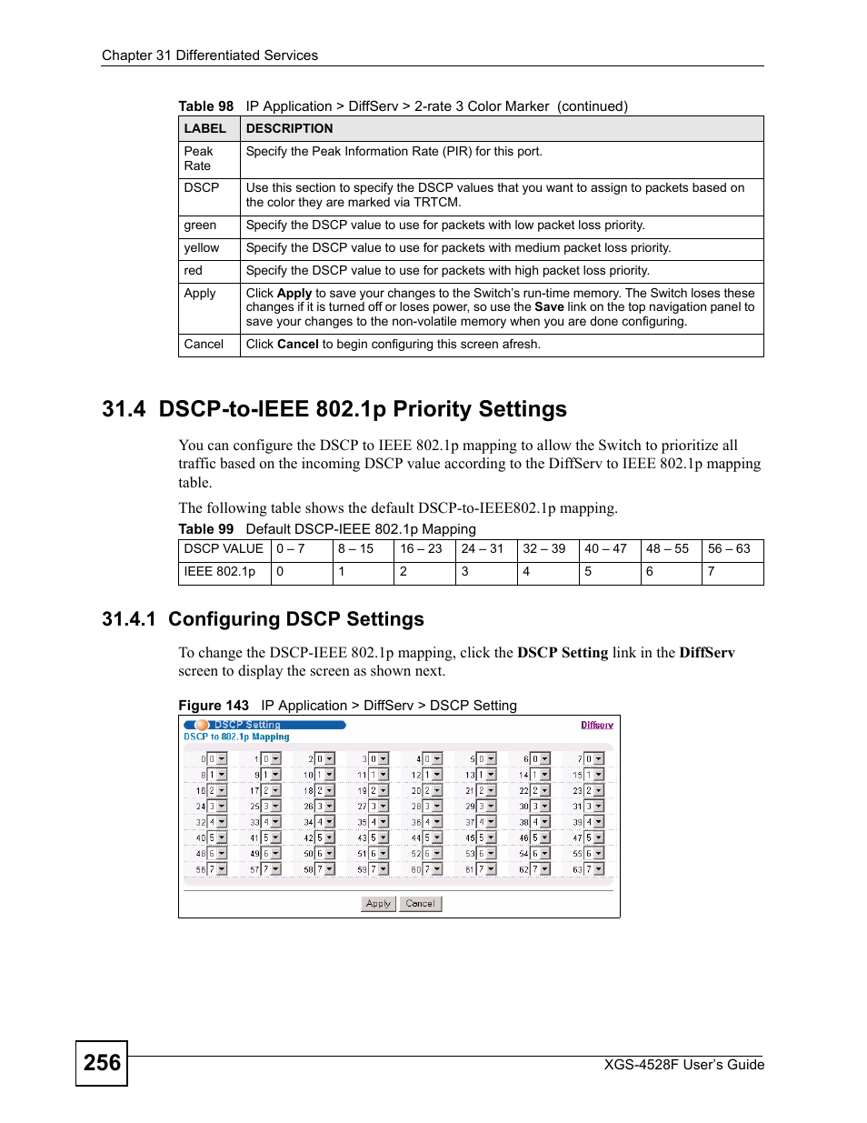 4 dscp-to-ieee 802.1p priority settings, 1 configuring dscp settings, Table 99 default dscp-ieee 802.1p mapping | ZyXEL Communications XGS-4528F User Manual | Page 256 / 372