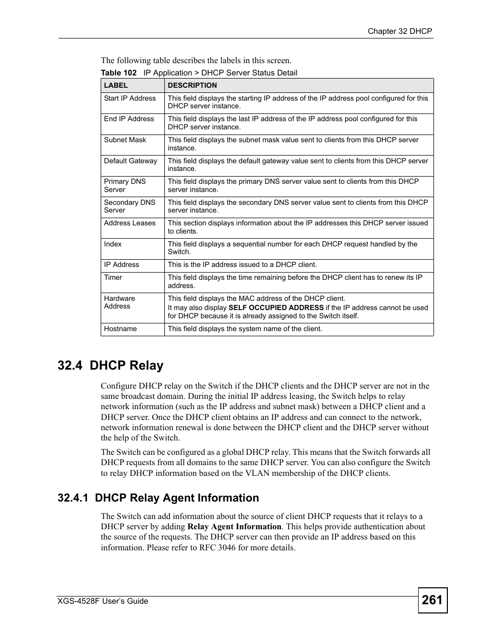 4 dhcp relay, 1 dhcp relay agent information | ZyXEL Communications XGS-4528F User Manual | Page 261 / 372