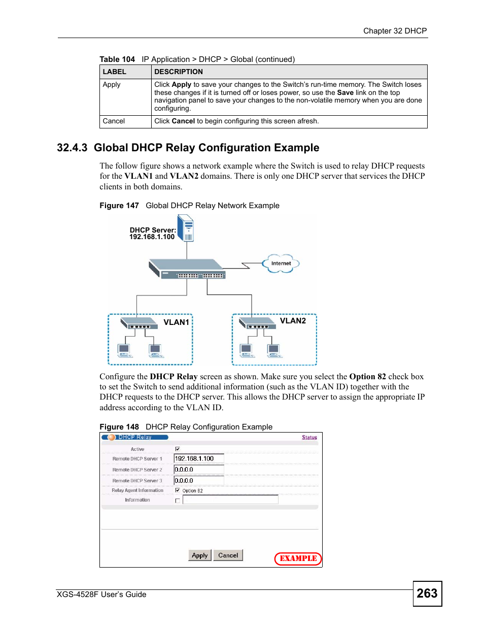3 global dhcp relay configuration example | ZyXEL Communications XGS-4528F User Manual | Page 263 / 372