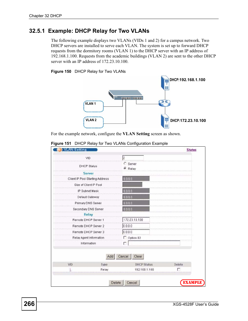 1 example: dhcp relay for two vlans | ZyXEL Communications XGS-4528F User Manual | Page 266 / 372