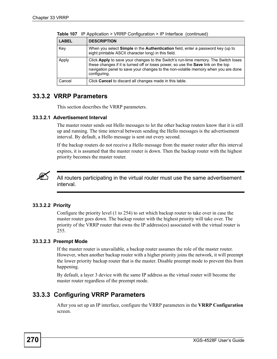 2 vrrp parameters, 3 configuring vrrp parameters | ZyXEL Communications XGS-4528F User Manual | Page 270 / 372