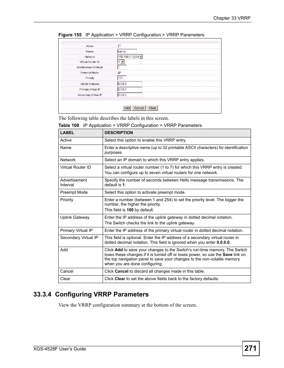 4 configuring vrrp parameters | ZyXEL Communications XGS-4528F User Manual | Page 271 / 372