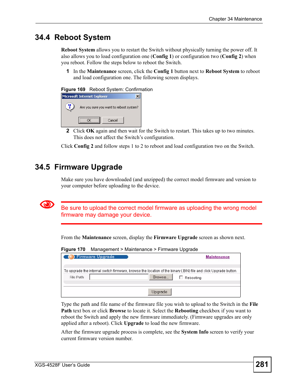 4 reboot system, 5 firmware upgrade, 4 reboot system 34.5 firmware upgrade | ZyXEL Communications XGS-4528F User Manual | Page 281 / 372