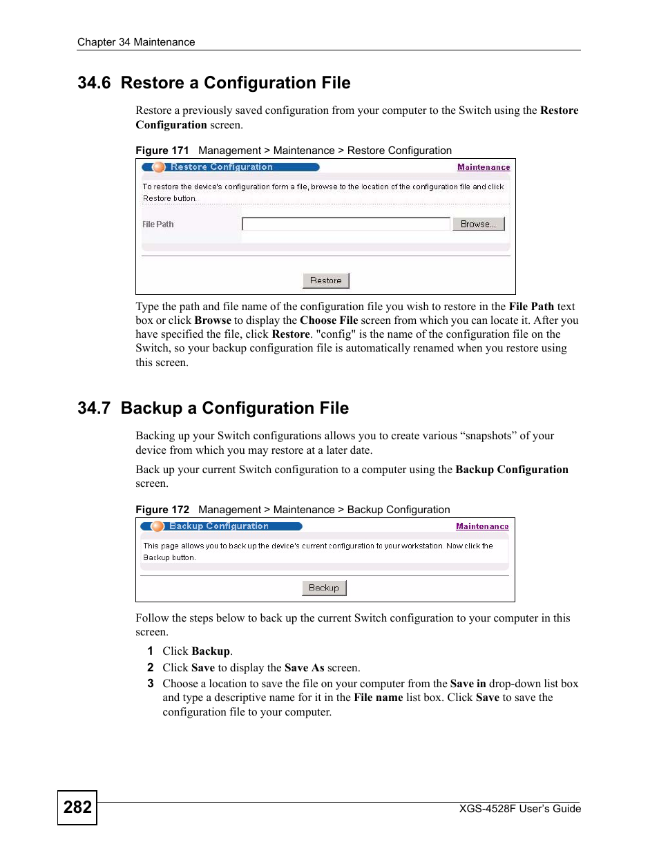 6 restore a configuration file, 7 backup a configuration file | ZyXEL Communications XGS-4528F User Manual | Page 282 / 372