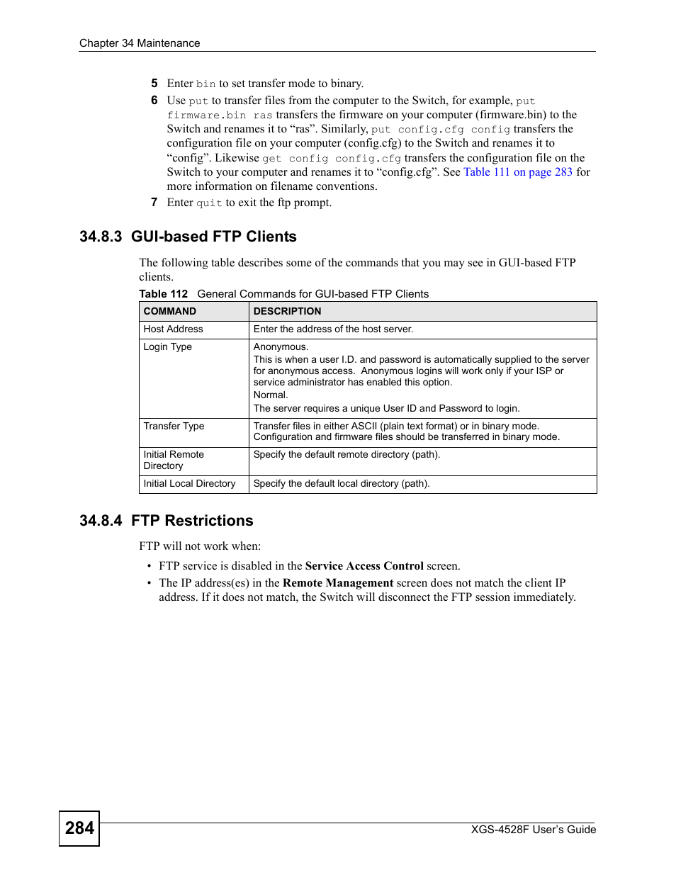 3 gui-based ftp clients, 4 ftp restrictions, 3 gui-based ftp clients 34.8.4 ftp restrictions | ZyXEL Communications XGS-4528F User Manual | Page 284 / 372