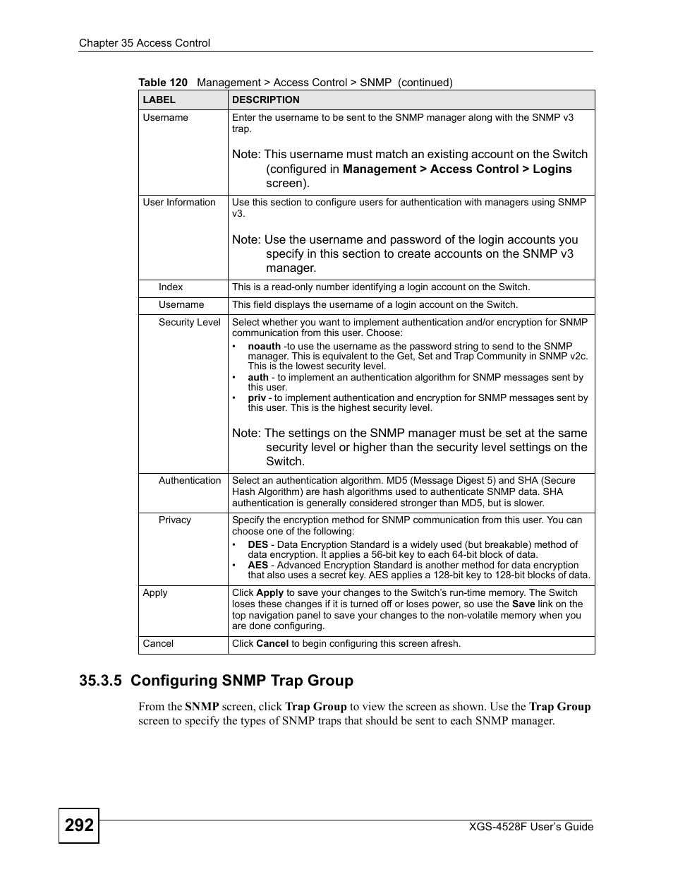 5 configuring snmp trap group | ZyXEL Communications XGS-4528F User Manual | Page 292 / 372