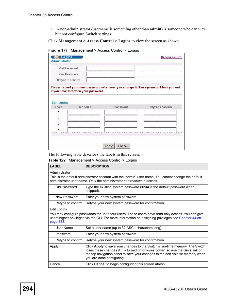 Figure 177 management > access control > logins, Table 122 management > access control > logins | ZyXEL Communications XGS-4528F User Manual | Page 294 / 372