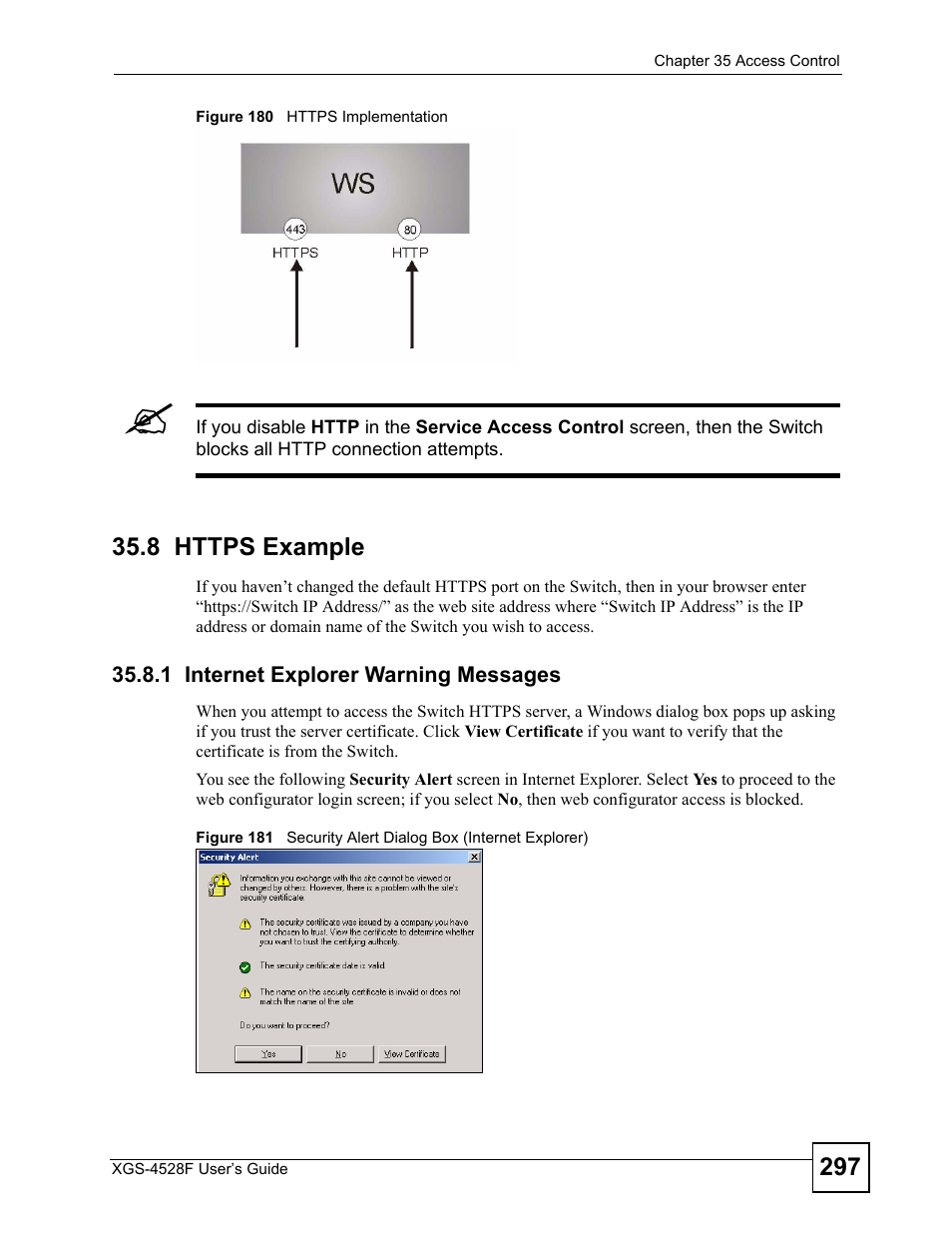 8 https example, 1 internet explorer warning messages | ZyXEL Communications XGS-4528F User Manual | Page 297 / 372