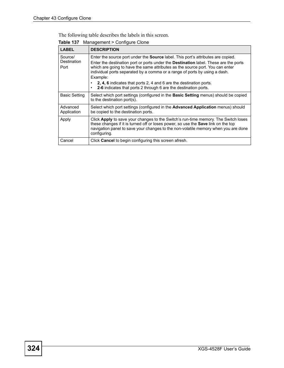 Table 137 management > configure clone | ZyXEL Communications XGS-4528F User Manual | Page 324 / 372
