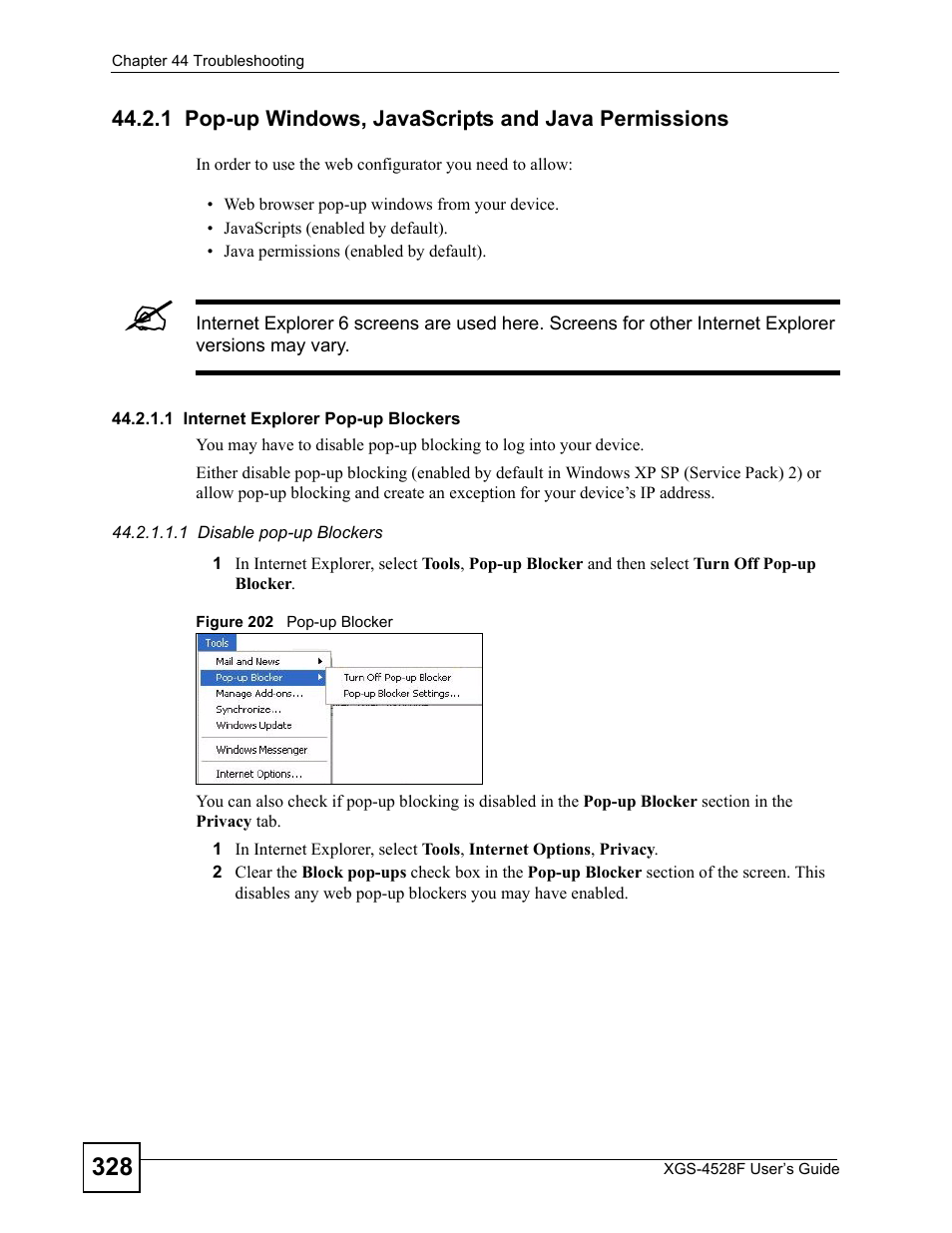 1 pop-up windows, javascripts and java permissions, Figure 202 pop-up blocker | ZyXEL Communications XGS-4528F User Manual | Page 328 / 372