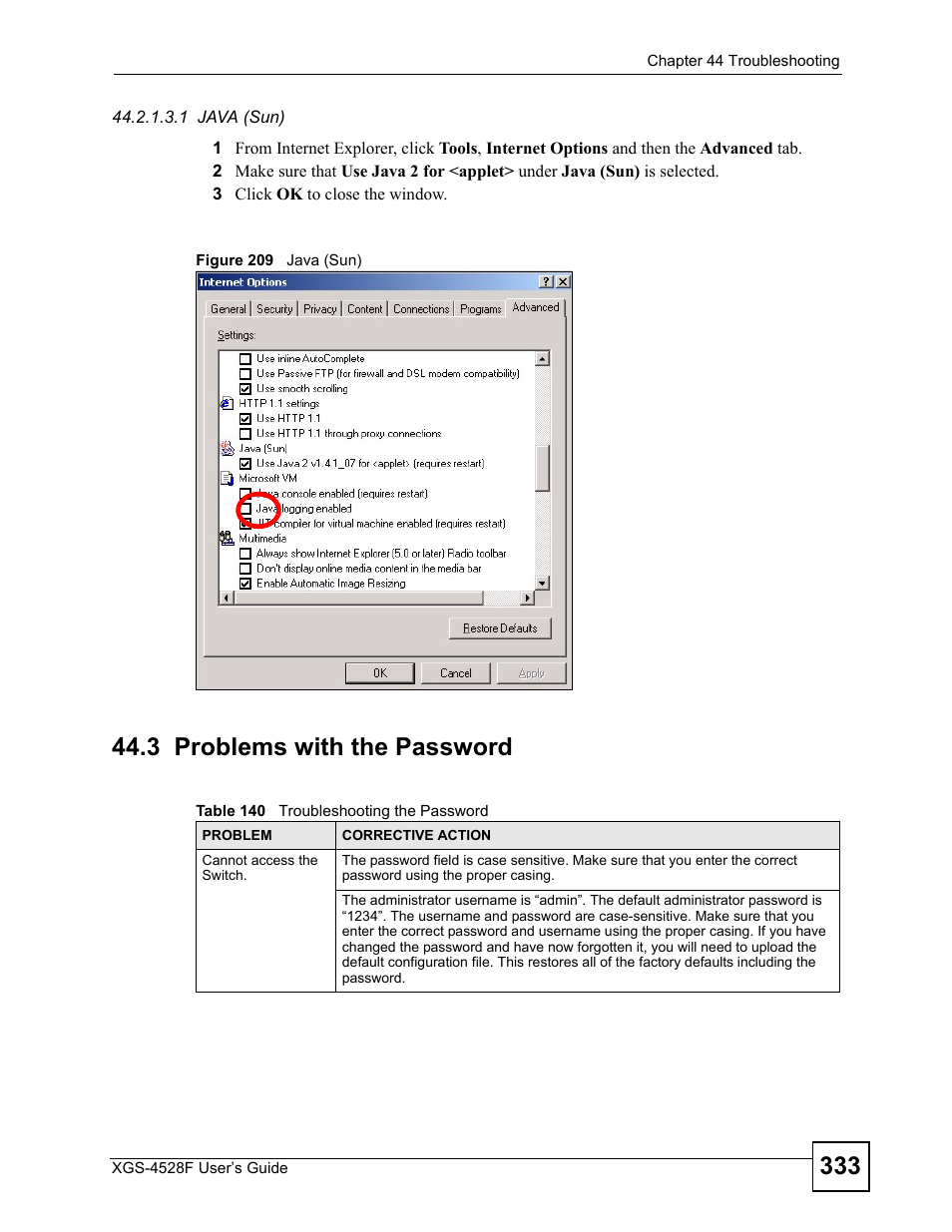 3 problems with the password, Figure 209 java (sun), Table 140 troubleshooting the password | ZyXEL Communications XGS-4528F User Manual | Page 333 / 372