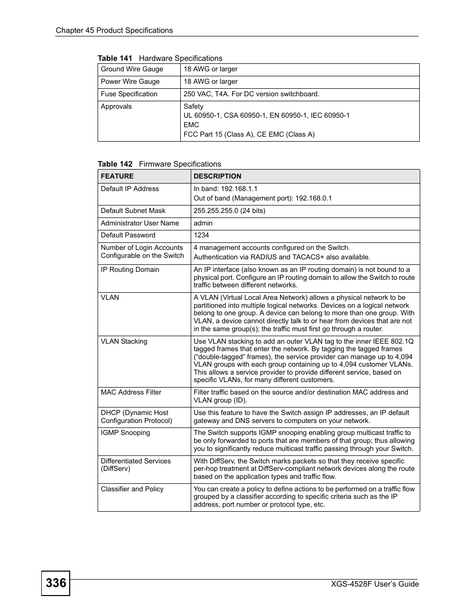 Table 142 firmware specifications | ZyXEL Communications XGS-4528F User Manual | Page 336 / 372