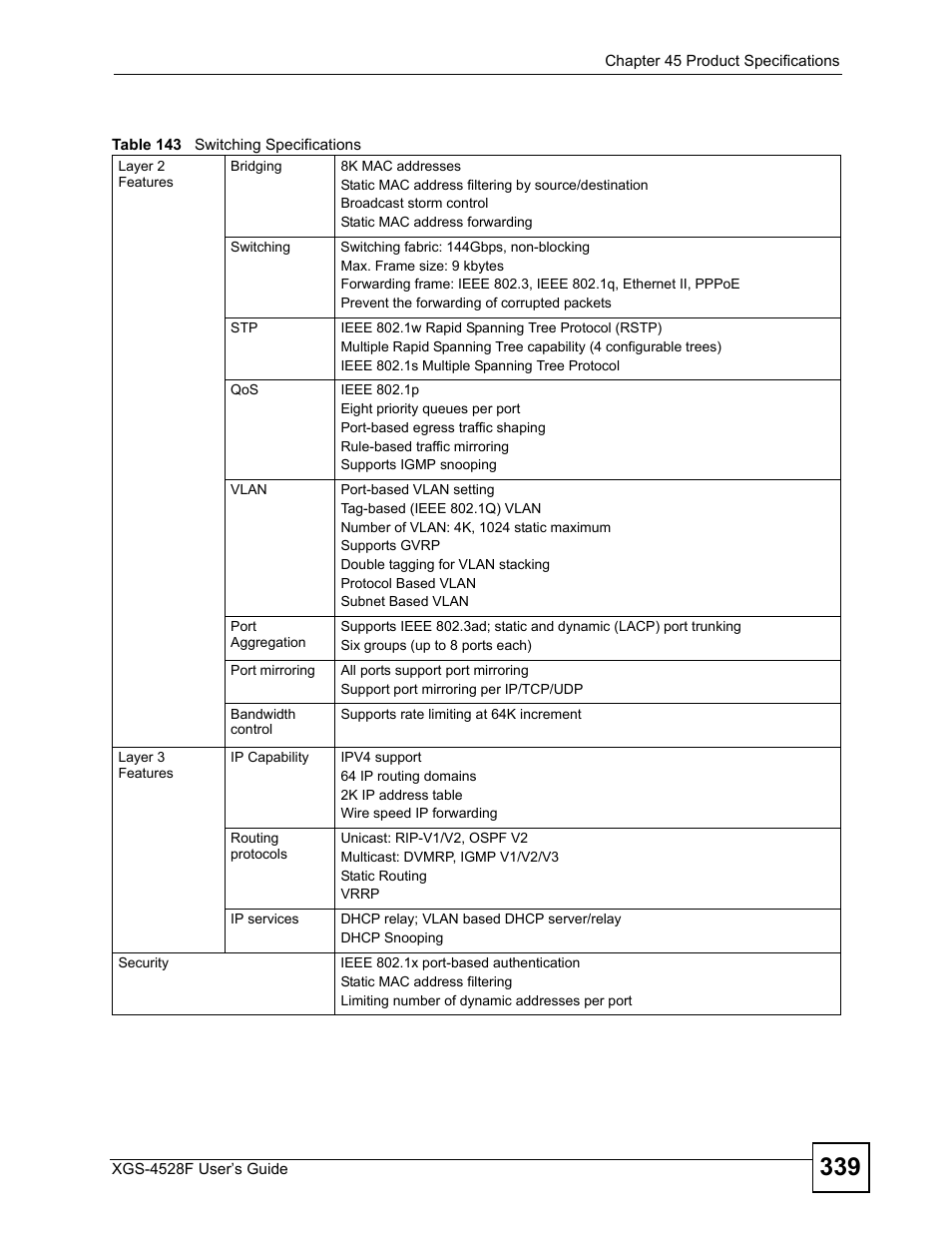 Table 143 switching specifications | ZyXEL Communications XGS-4528F User Manual | Page 339 / 372