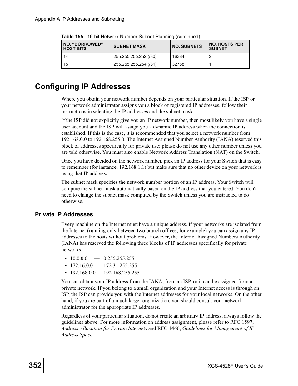 352 configuring ip addresses | ZyXEL Communications XGS-4528F User Manual | Page 352 / 372