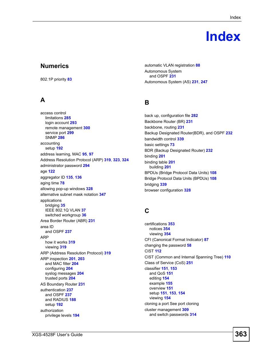 Index, Index (363), Numerics | ZyXEL Communications XGS-4528F User Manual | Page 363 / 372