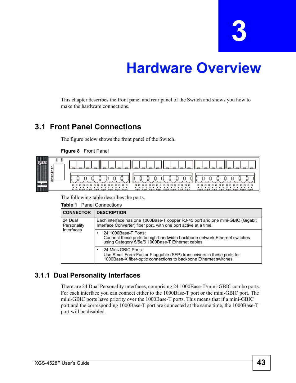 Hardware overview, 1 front panel connections, 1 dual personality interfaces | Chapter 3 hardware overview, Figure 8 front panel, Table 1 panel connections | ZyXEL Communications XGS-4528F User Manual | Page 43 / 372